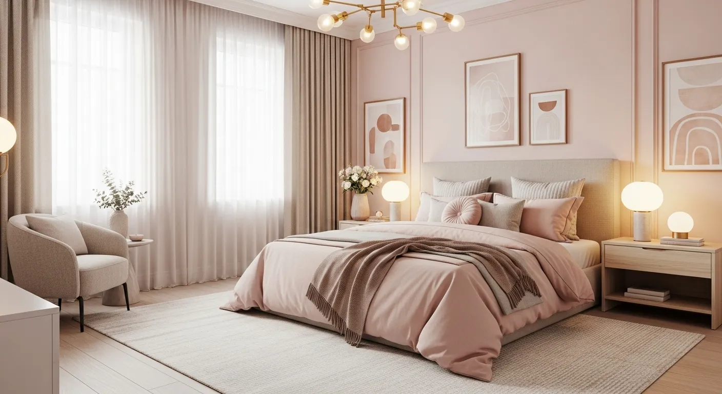 Blush pink bedroom with soft decor and warm lighting