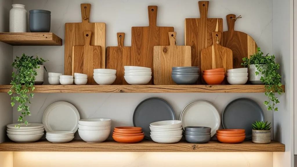 Open shelving in modern rustic decor