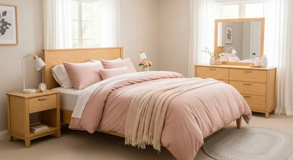 Blush pink and wood bedroom