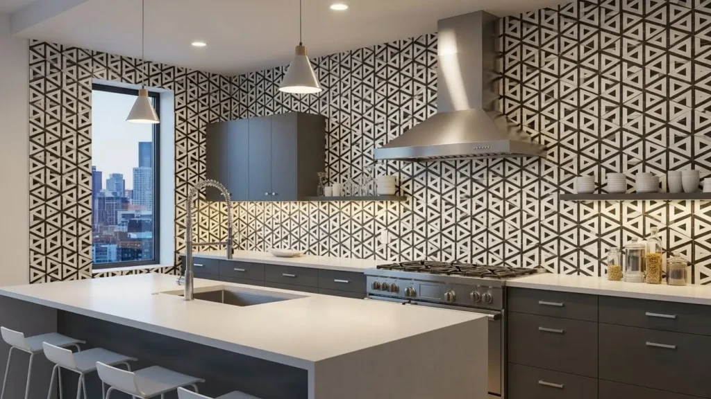 "Glossy glass tile backsplash in modern kitchen"