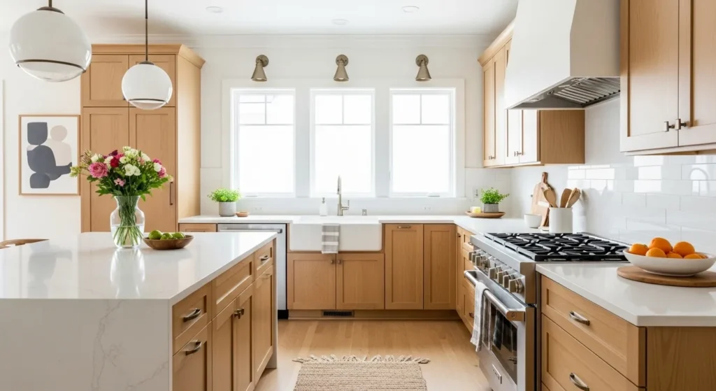 Light oak kitchen cabinets in a bright kitchen