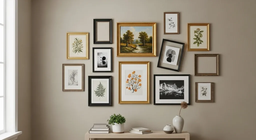 Gallery wall with uneven frames showing common decorating mistakes
