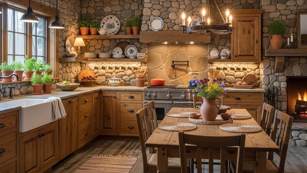 Kitchen with a stone backsplash, wooden cabinets, and rustic accessories for a natural look