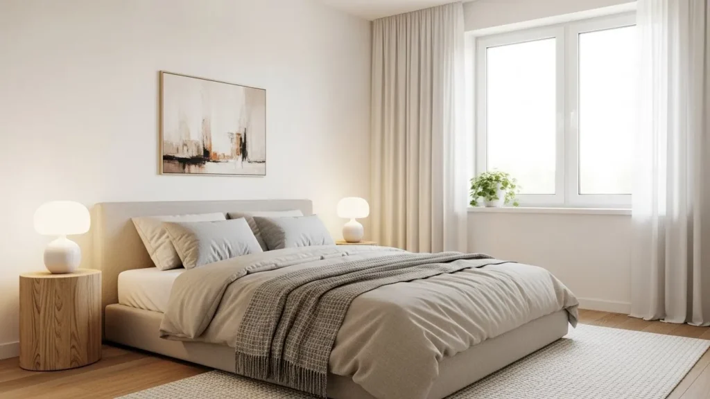 Minimalist bedroom featuring soft neutral colors and a calm, cozy design