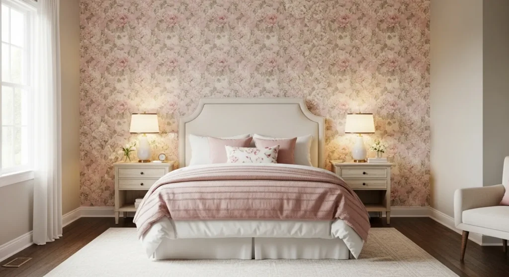 Blush pink floral wallpaper bedroom