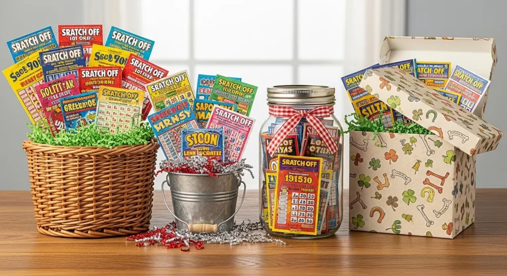 Different basket and container options for scratch off lottery ticket gifts