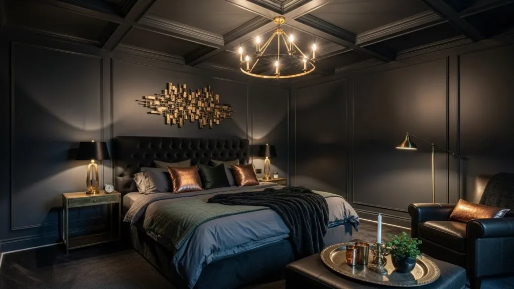 Metallic accents in moody bedroom
