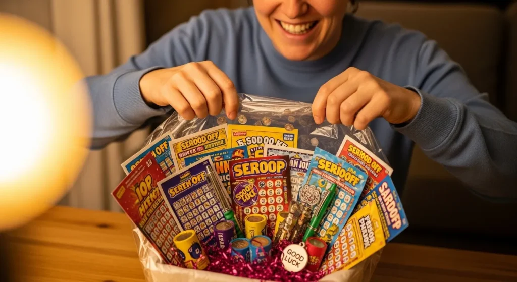 Person opening a scratch off lottery ticket gift basket with excitement