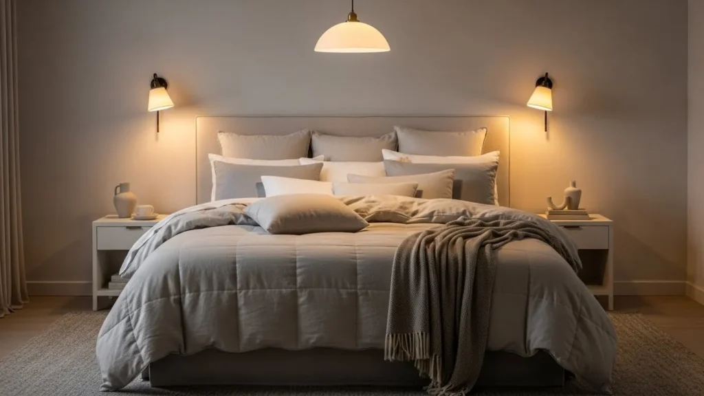 Cozy bedroom featuring soft and comfortable bedding in neutral tones