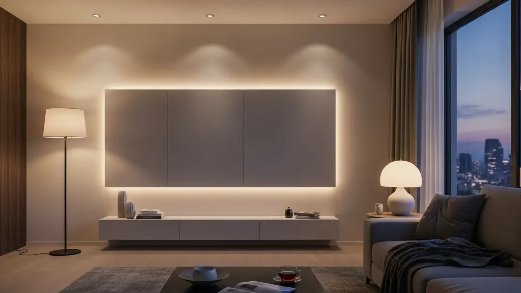 Modern living room with layered lighting design