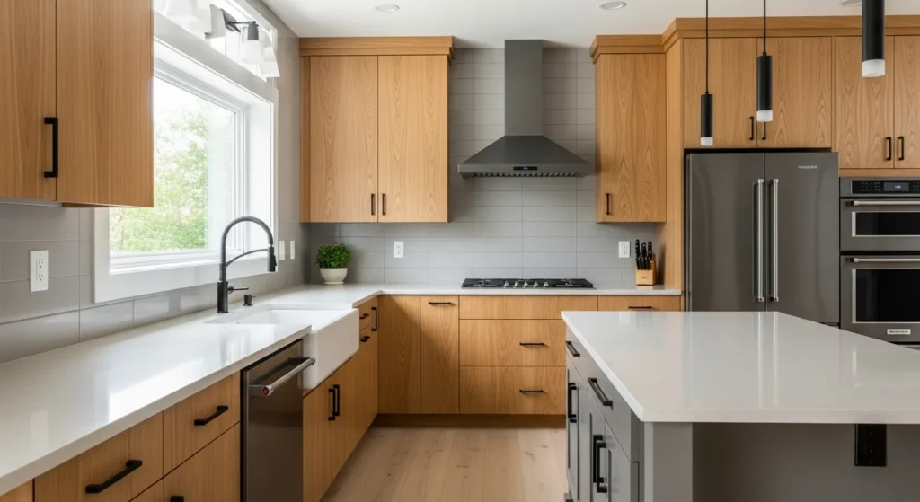 Oak cabinets with matte finishes