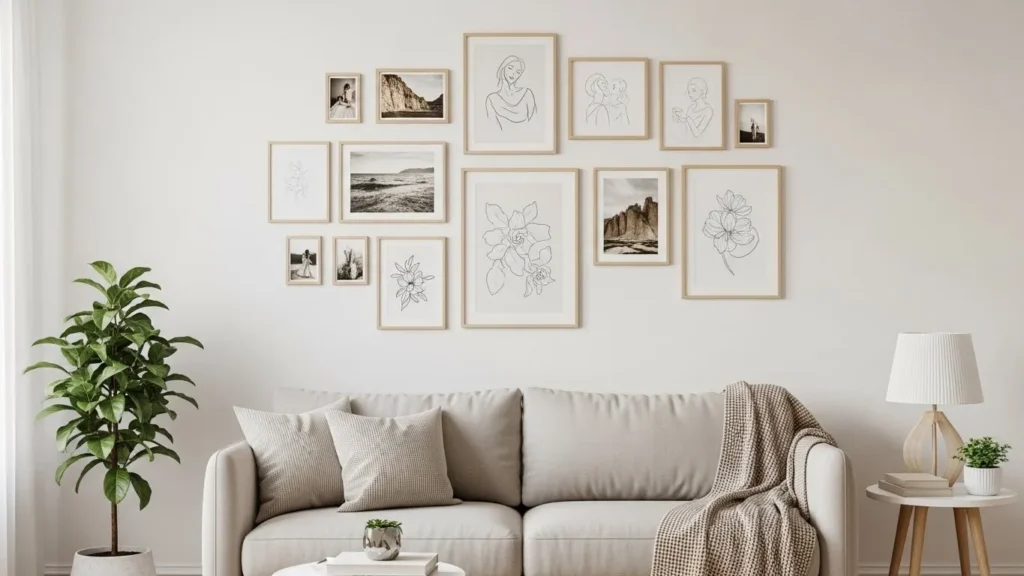 Gallery wall with aesthetic wall decor ideas in a modern living room