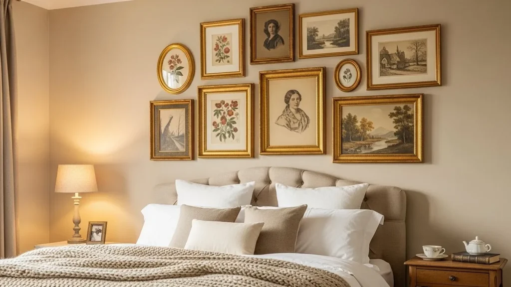 Vintage frame bedroom gallery wall ideas
