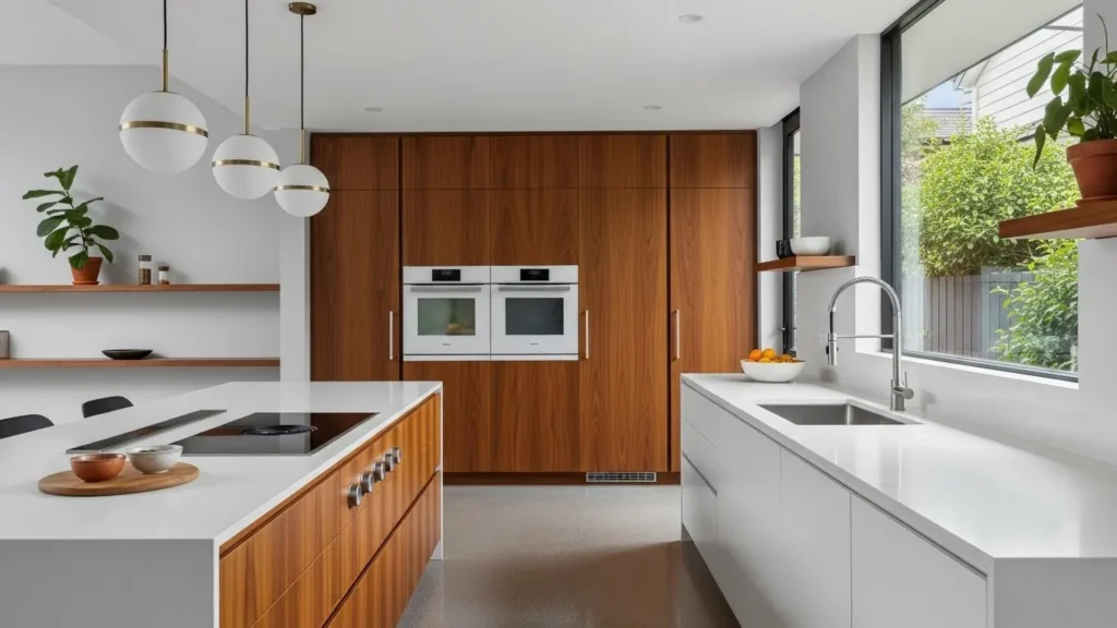 Minimal cabinet hardware in mid century modern kitchen