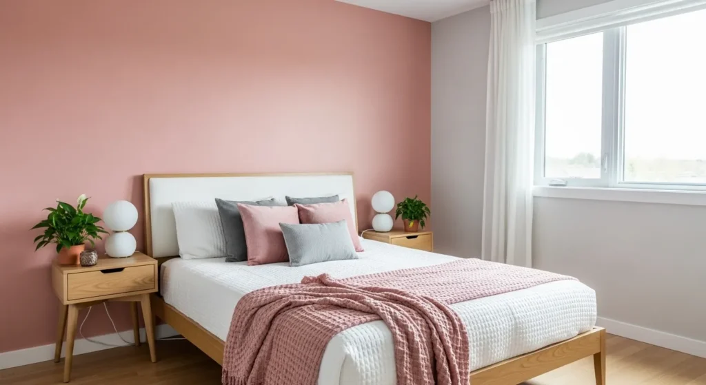 Blush pink accent wall bedroom