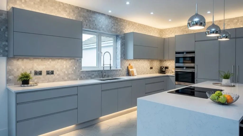 Gray textured backsplash adding depth to a modern kitchen