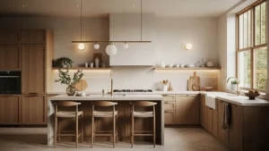 Simple organic modern kitchen with warm neutral tones and natural wood finishes