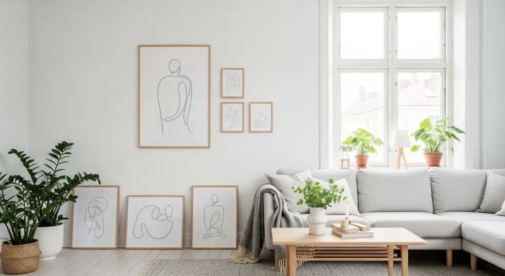 Minimal wall art in Scandinavian living room design