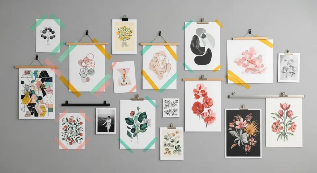 Gallery wall without frames using washi tape and poster hangers