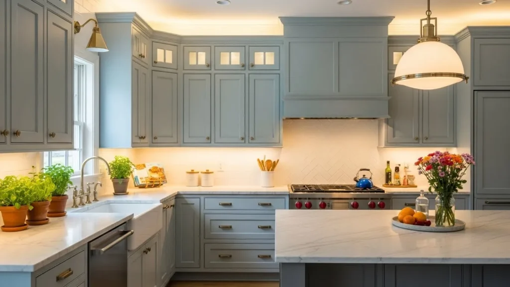 Pastel and neutral two tone kitchen cabinets