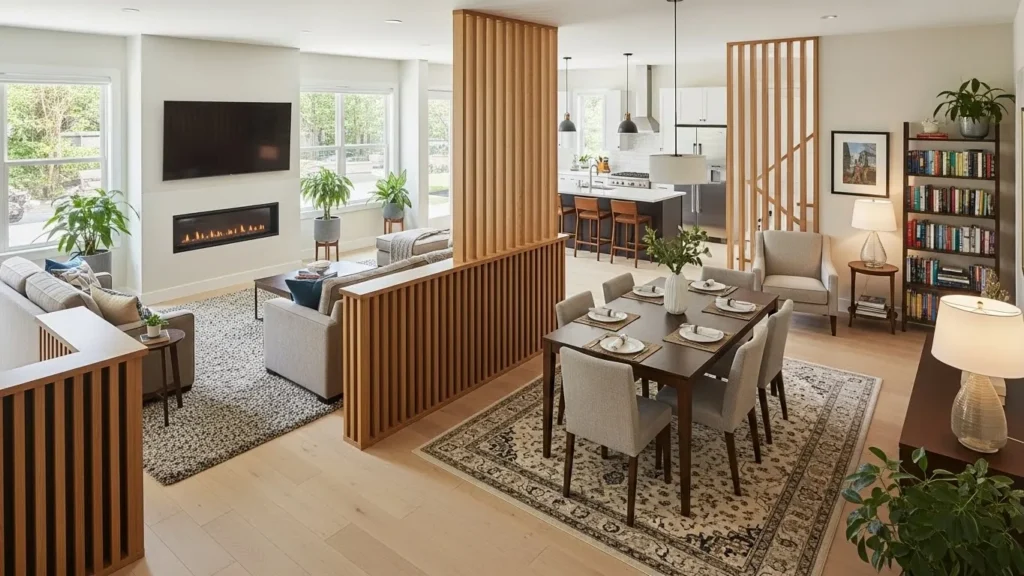 Open concept house interior with defined zones