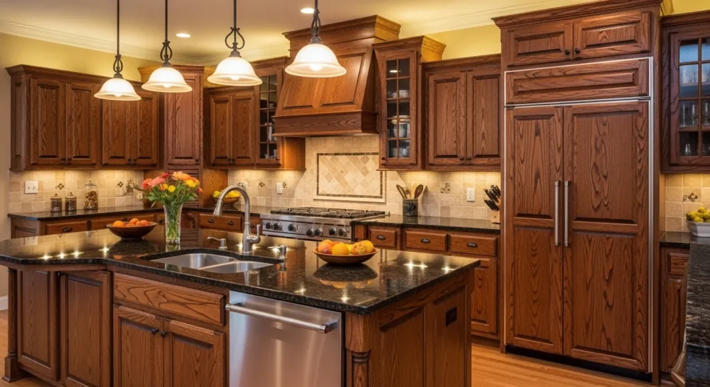 Dark oak kitchen cabinets