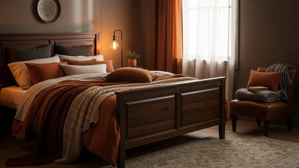 Dark wood furniture in moody bedroom