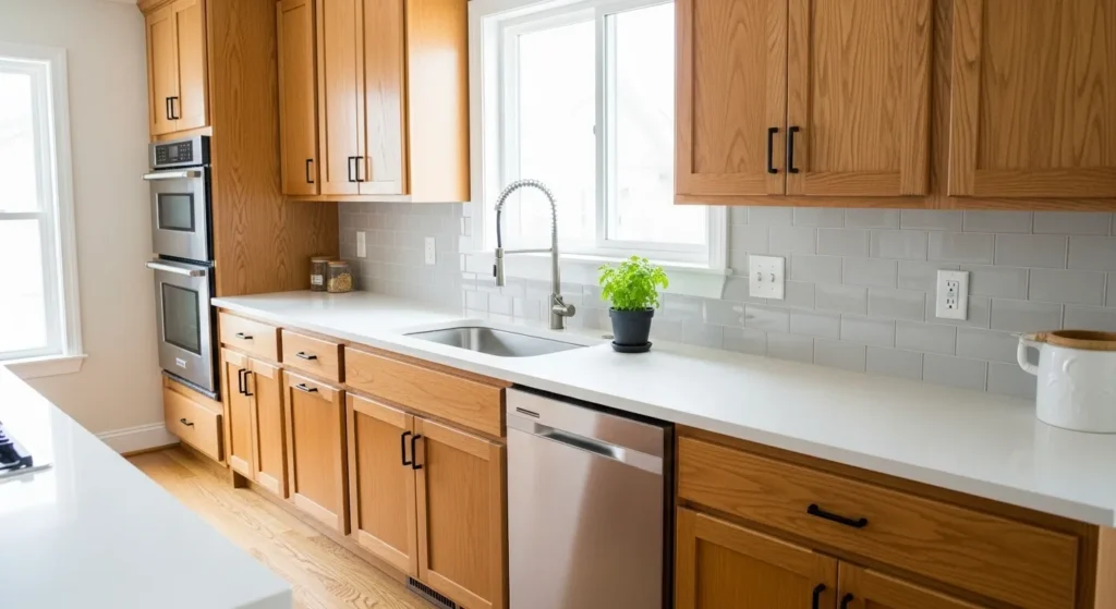 Simply styled oak kitchen cabinets