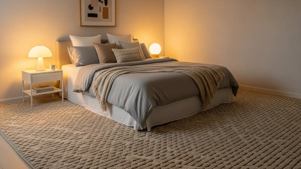 Cozy bedroom featuring textured rug for warmth and comfort