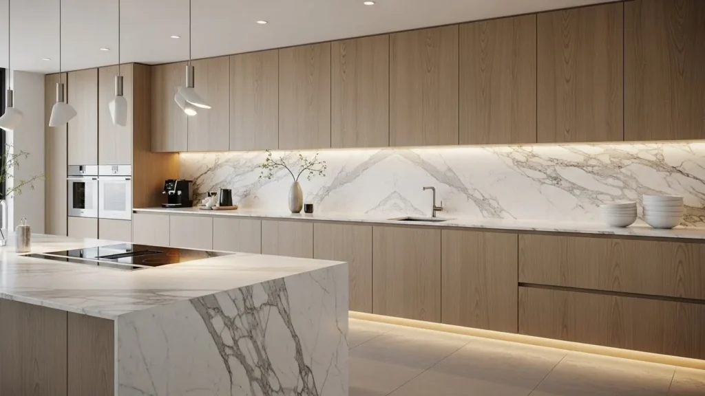 "Elegant marble kitchen backsplash with veining"