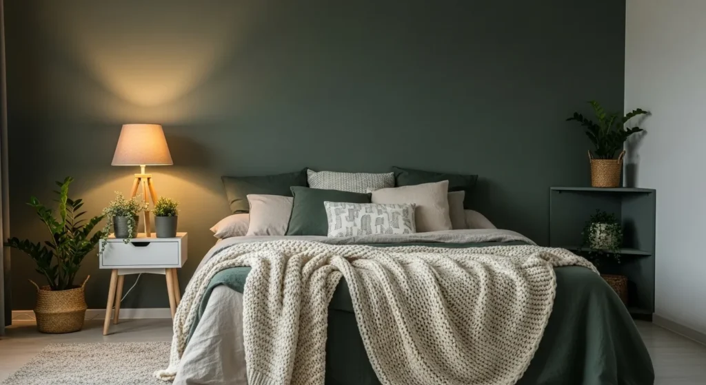 Dark cozy bedroom with green accent wall