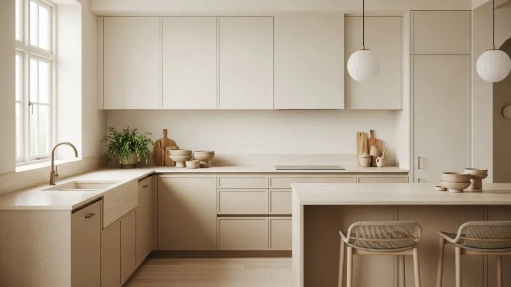 Warm neutral color palette in a simple organic modern kitchen