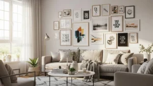 Living room gallery wall ideas with mixed frames and artwork