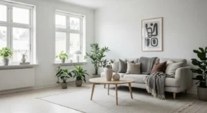 Scandinavian living room with neutral colors, light wood furniture, and cozy modern decor