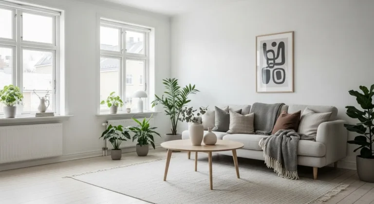 Scandinavian living room with neutral colors, light wood furniture, and cozy modern decor