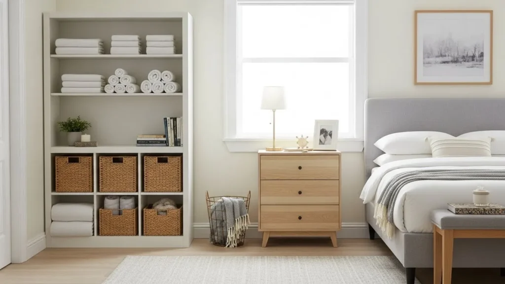 Guest bedroom storage ideas with shelves and baskets
