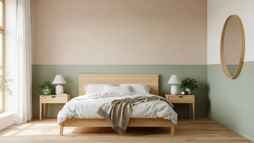 Bedroom with neutral and earth-tone walls, wooden furniture, and natural décor
