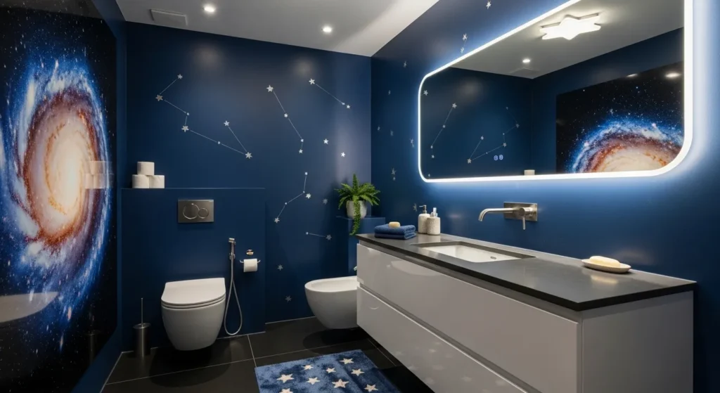 Boys bathroom with a space theme and modern decor