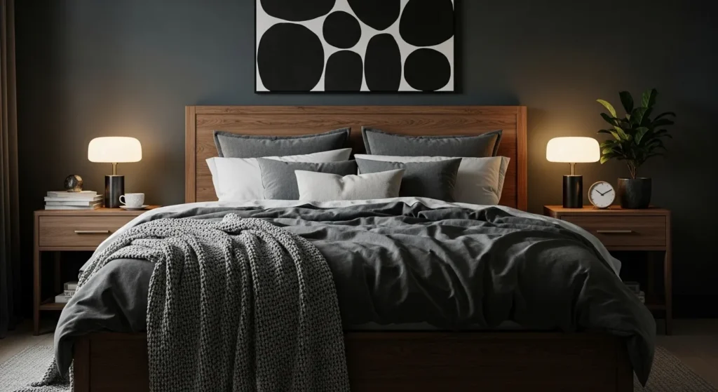 Dark cozy bedroom with wooden furniture