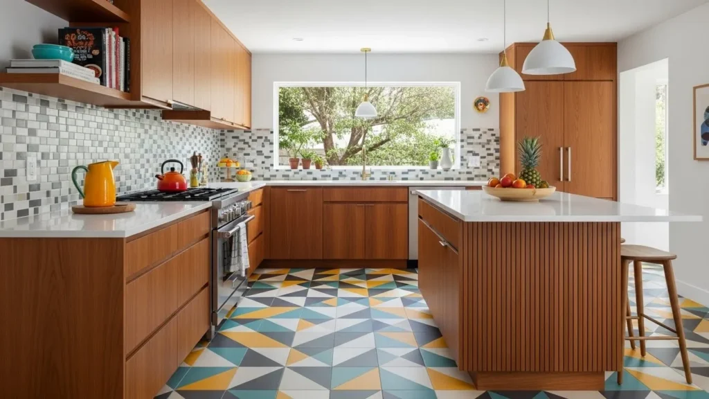 Geometric floor tiles in mid century modern kitchen