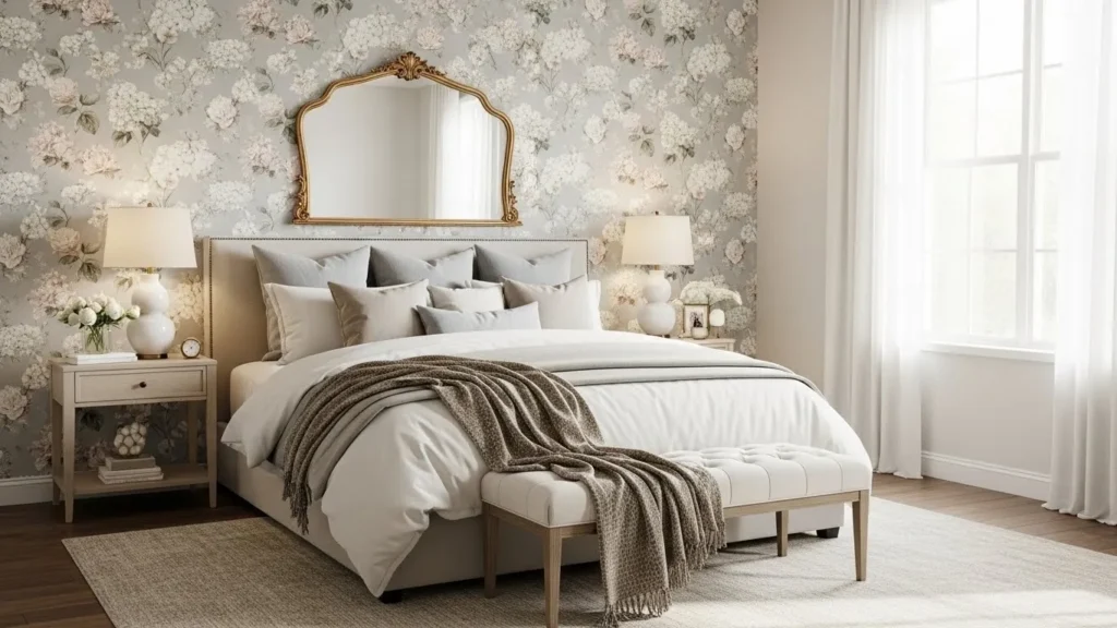 Floral wallpaper bedroom accent wall