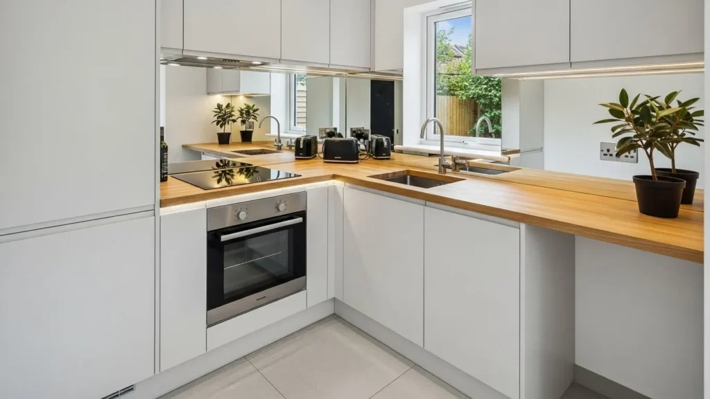 "Mirror backsplash creating bright and spacious feel"