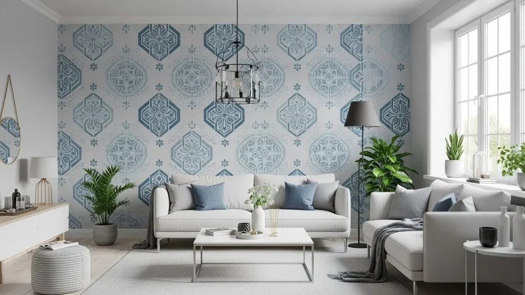 Blue stencil wall DIY decor