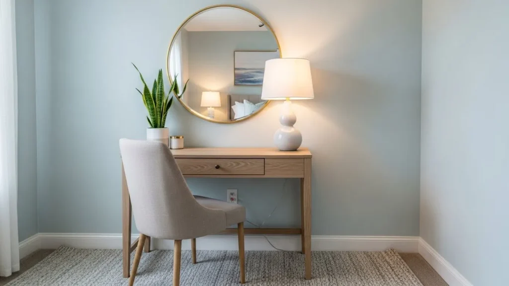 Small desk vanity setup in a guest bedroom