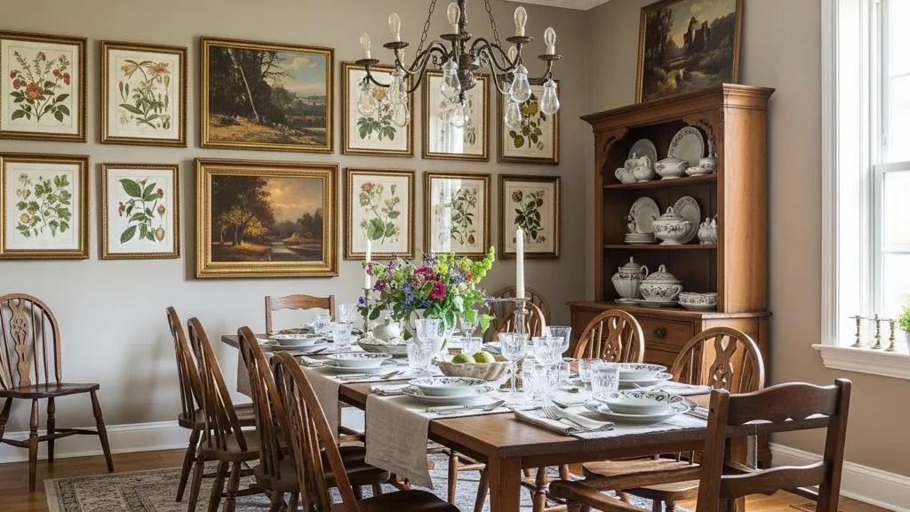 Vintage home decor featuring classic artwork and botanical prints