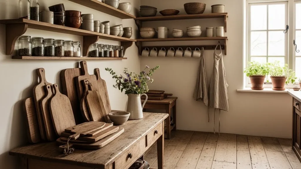 Natural wood accents in cottagecore decor