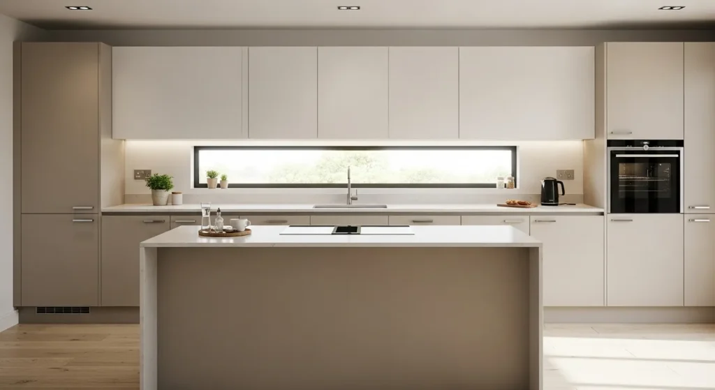 Two-tone kitchen with beige lower cabinets and white uppers