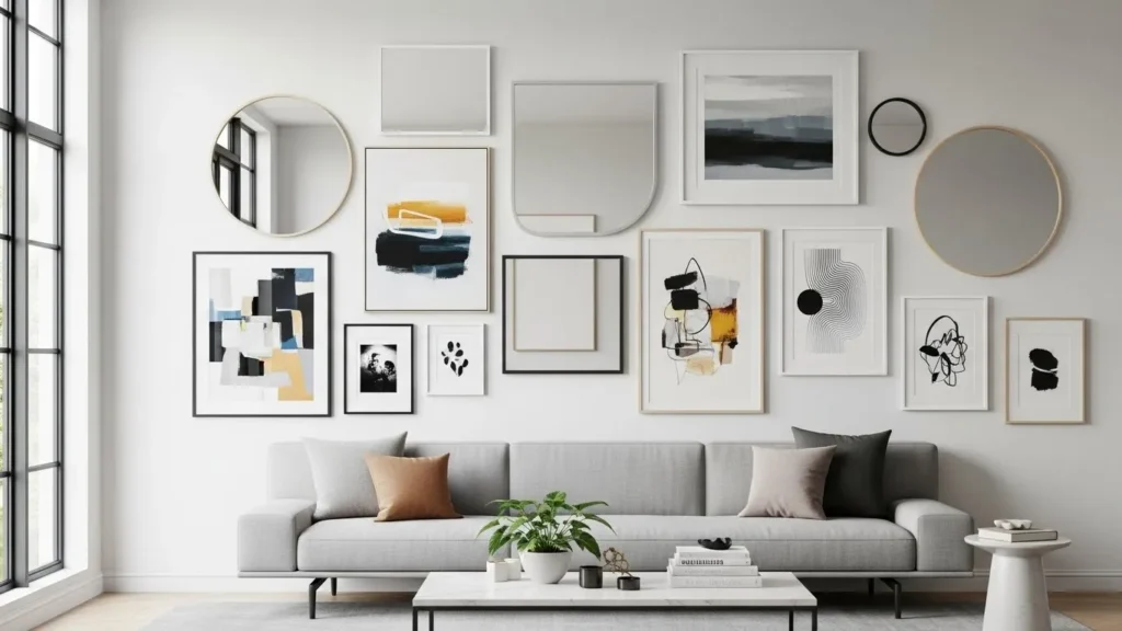 Living room gallery wall with mirrors