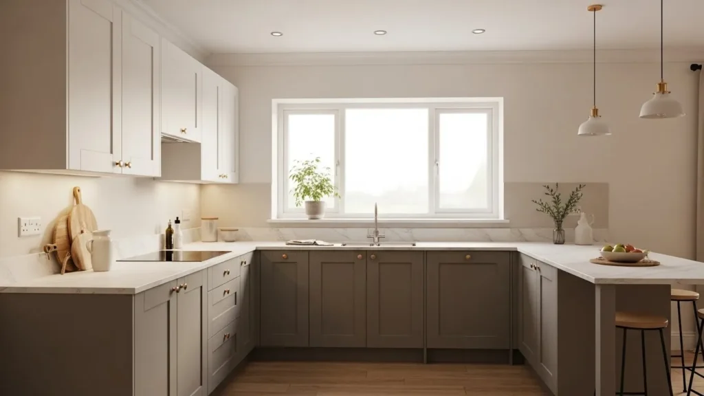 Gray and white two tone kitchen cabinets in a modern space