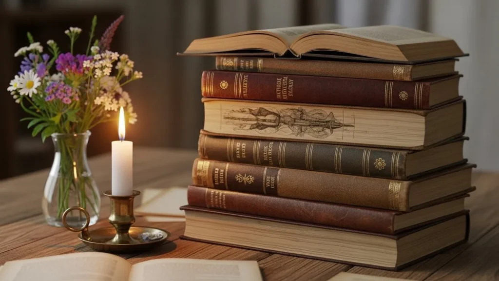 Books styled as decor in cottagecore home